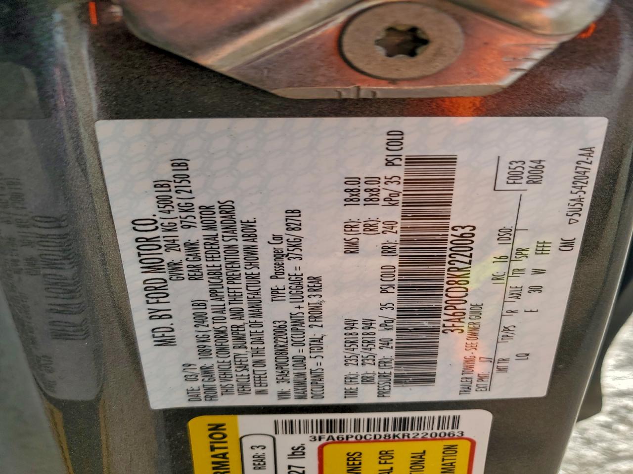 2019 Ford Fusion Sel VIN: 3FA6P0CD8KR220063 Lot: 94315475