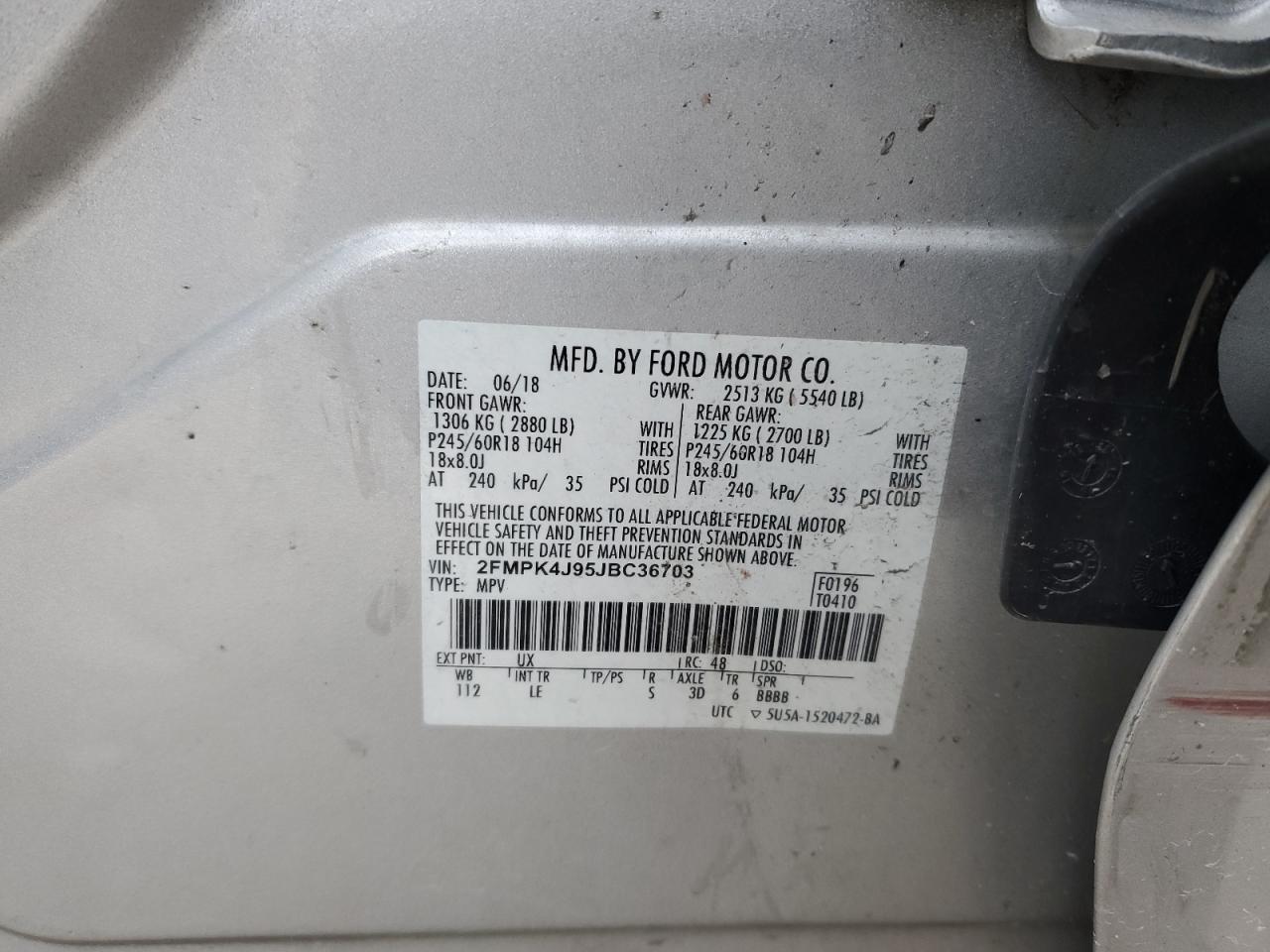 2018 Ford Edge Sel VIN: 2FMPK4J95JBC36703 Lot: 91245165