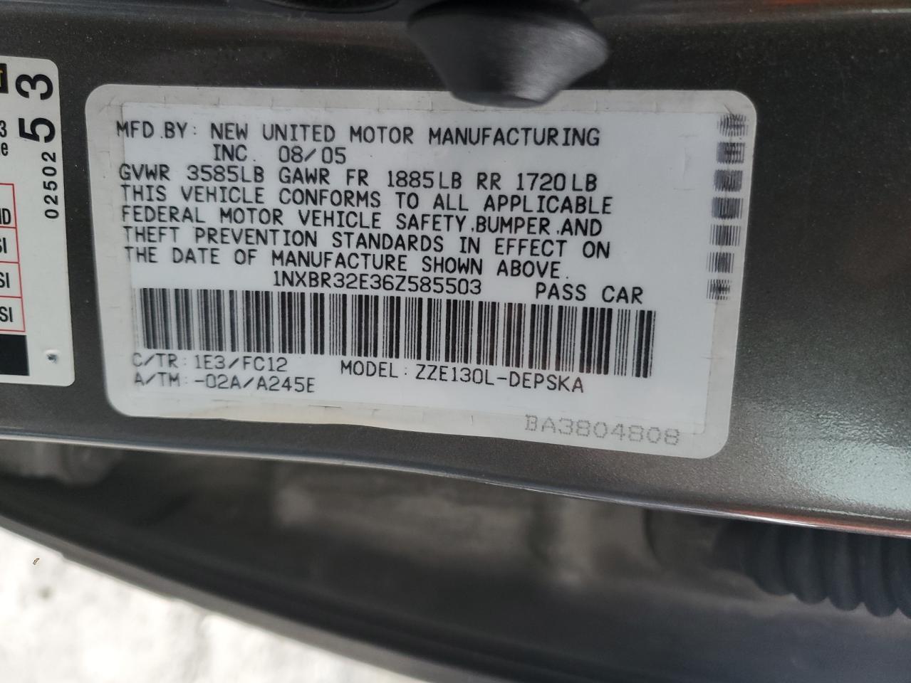 2006 Toyota Corolla Ce VIN: 1NXBR32E36Z585503 Lot: 91713925