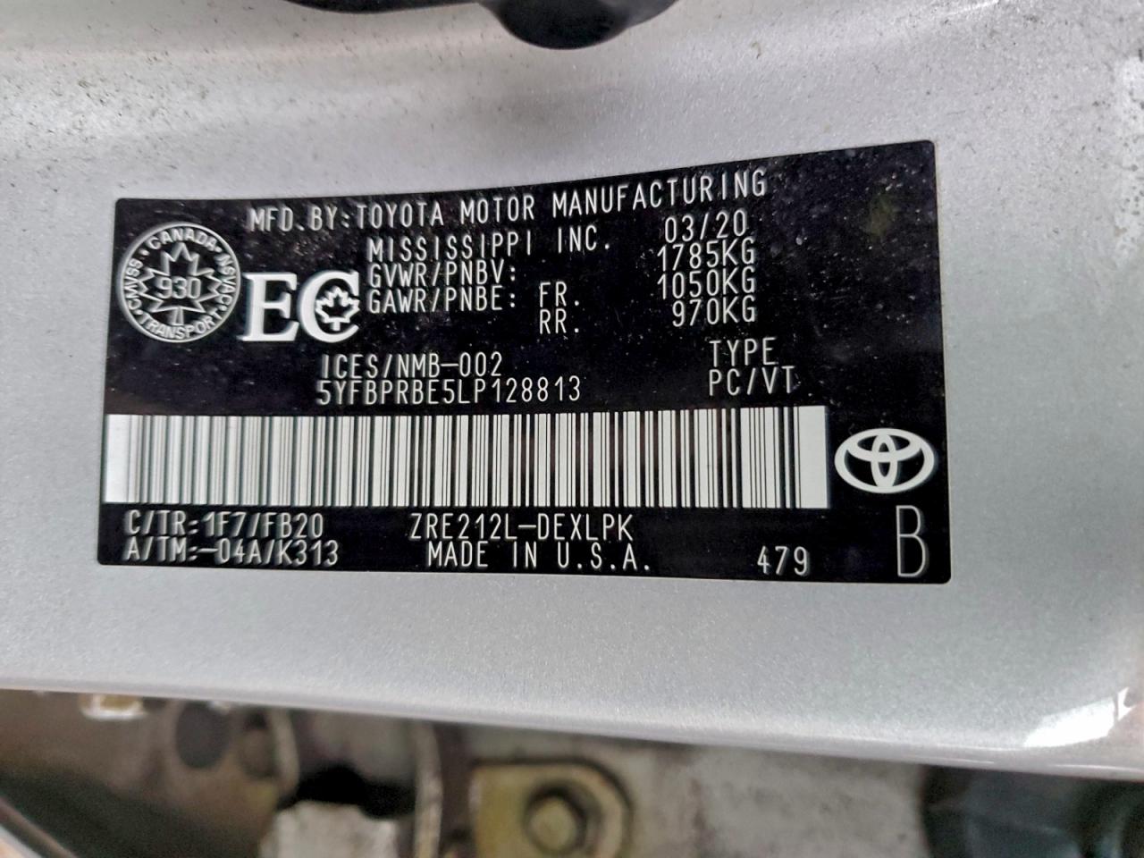 2020 Toyota Corolla Le VIN: 5YFBPRBE5LP128813 Lot: 93485775