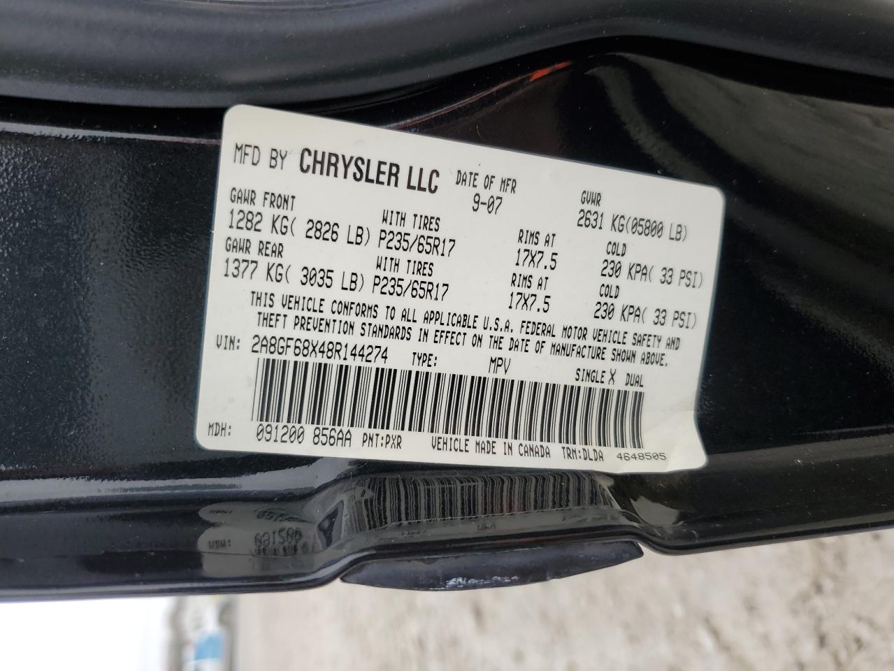 2008 Chrysler Pacifica Touring VIN: 2A8GF68X48R144274 Lot: 93606725