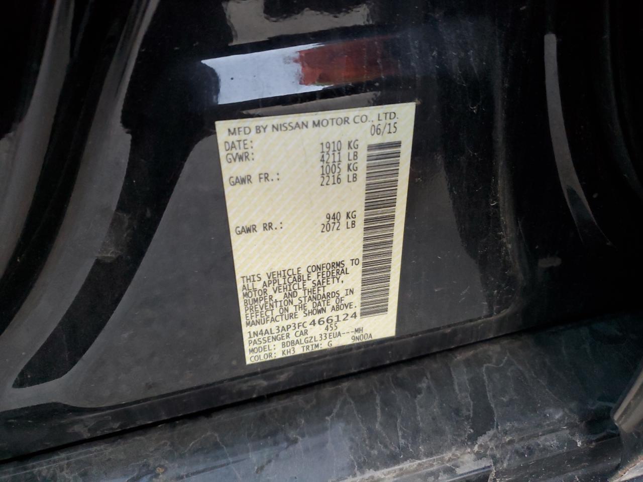 2015 Nissan Altima 2.5 VIN: 1N4AL3AP3FC466124 Lot: 91042145