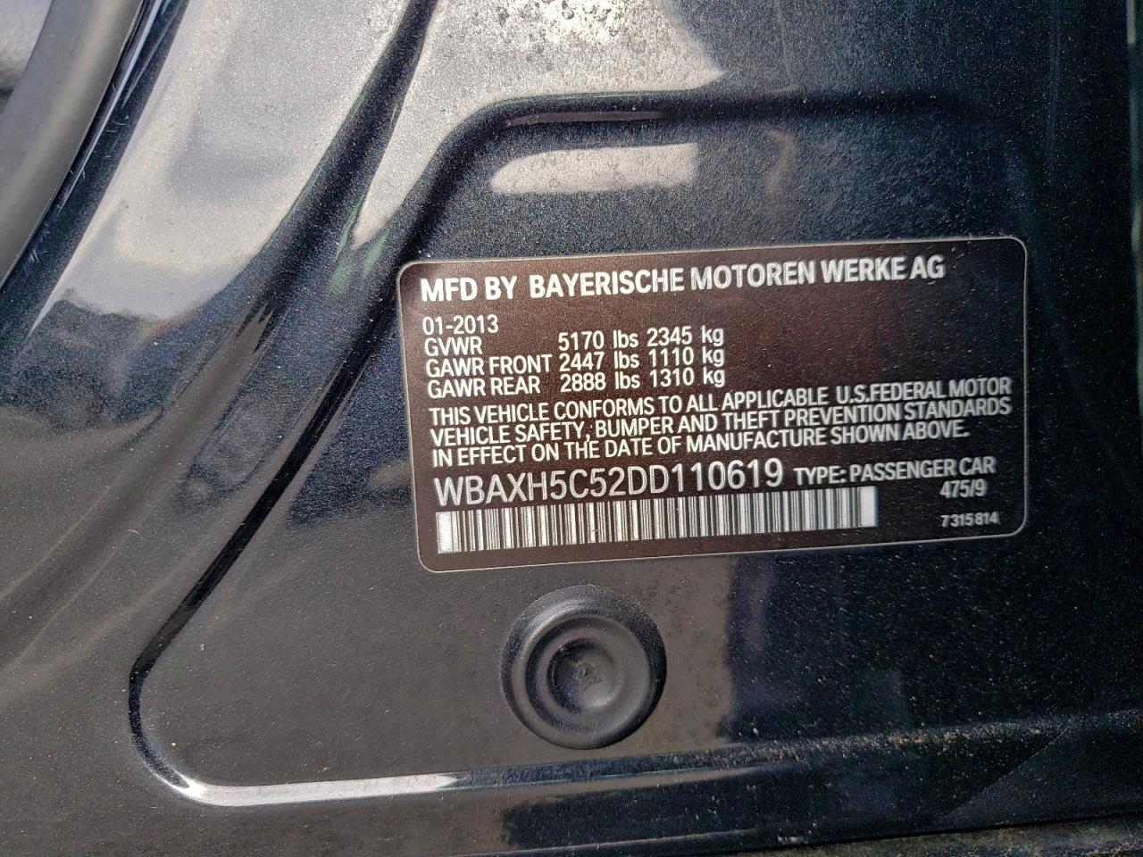 2013 BMW 528 Xi VIN: WBAXH5C52DD110619 Lot: 94535975