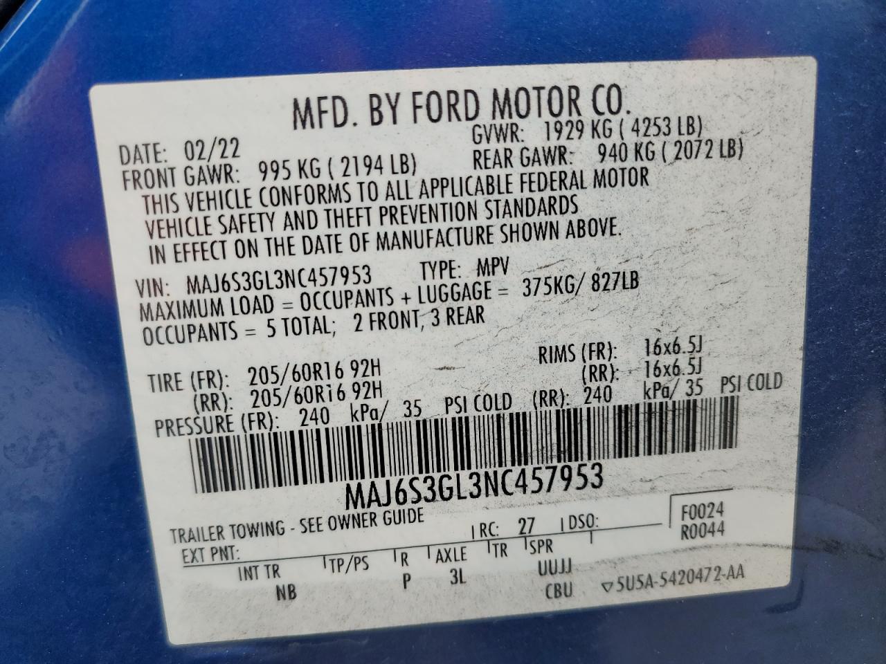 2022 Ford Ecosport Se VIN: MAJ6S3GL3NC457953 Lot: 93695655