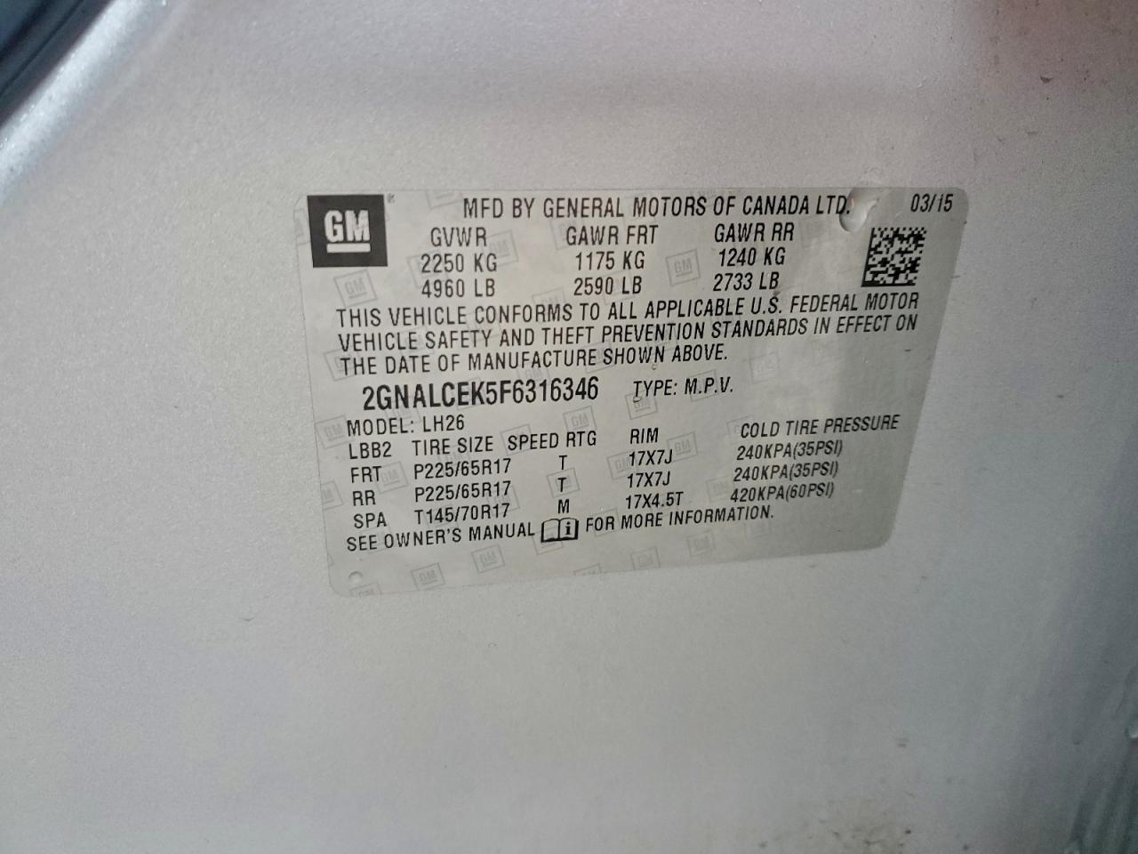 2015 Chevrolet Equinox Lt VIN: 2GNALCEK5F6316346 Lot: 93441135