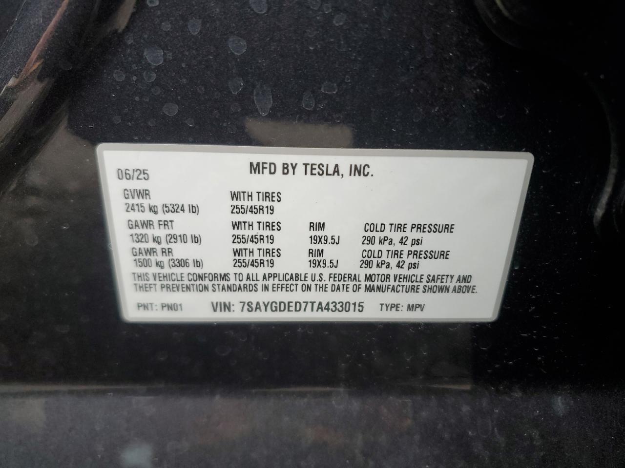 2026 Tesla Model Y VIN: 7SAYGDED7TA433015 Lot: 91395315