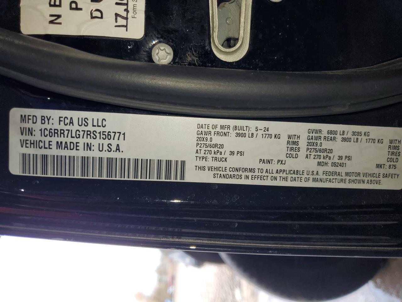 2024 Ram 1500 Classic Slt VIN: 1C6RR7LG7RS156771 Lot: 93239905