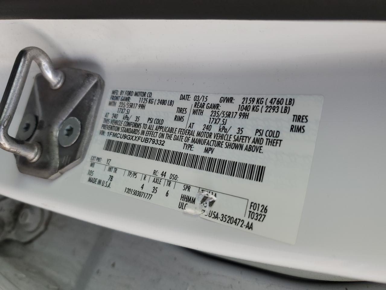 2015 Ford Escape Se VIN: 1FMCU9GXXFUB79332 Lot: 91905435