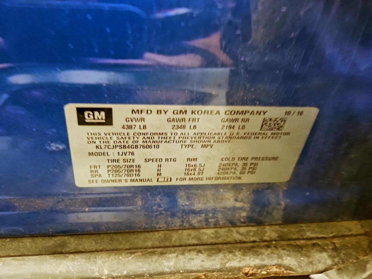 2016 Chevrolet Trax 1Lt VIN: KL7CJPSB4GB760610 Lot: 94484595