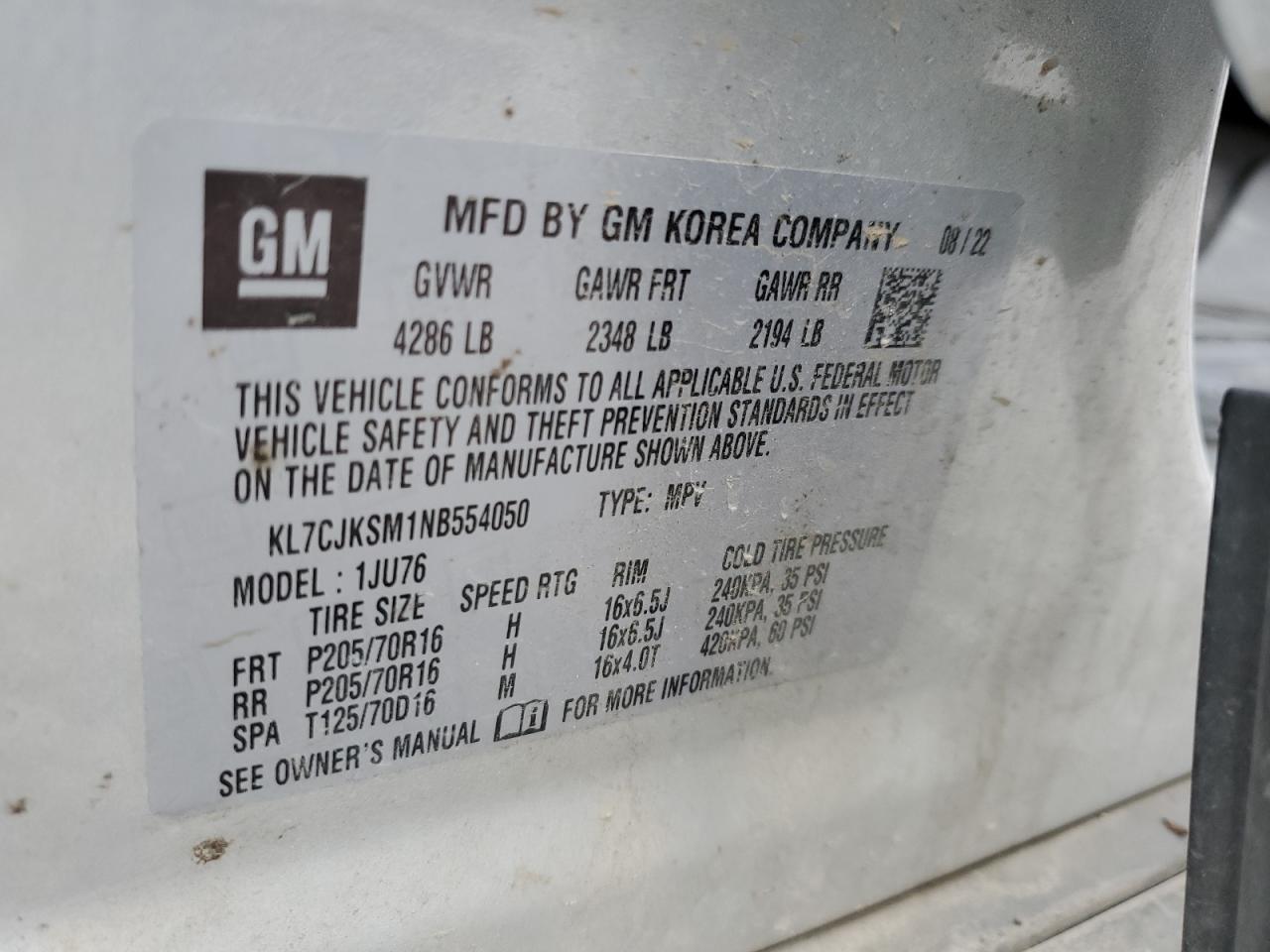 2022 Chevrolet Trax Ls VIN: KL7CJKSM1NB554050 Lot: 91599665