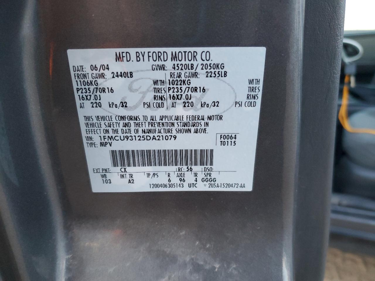 2005 Ford Escape Xlt VIN: 1FMCU93125DA21079 Lot: 91858515