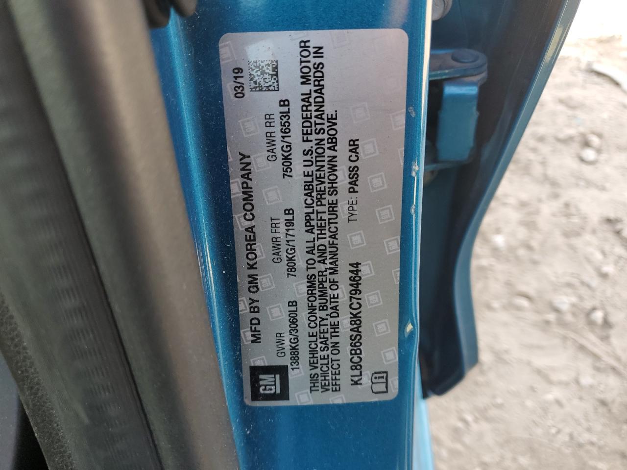 2019 Chevrolet Spark Ls VIN: KL8CB6SA8KC794644 Lot: 92384975