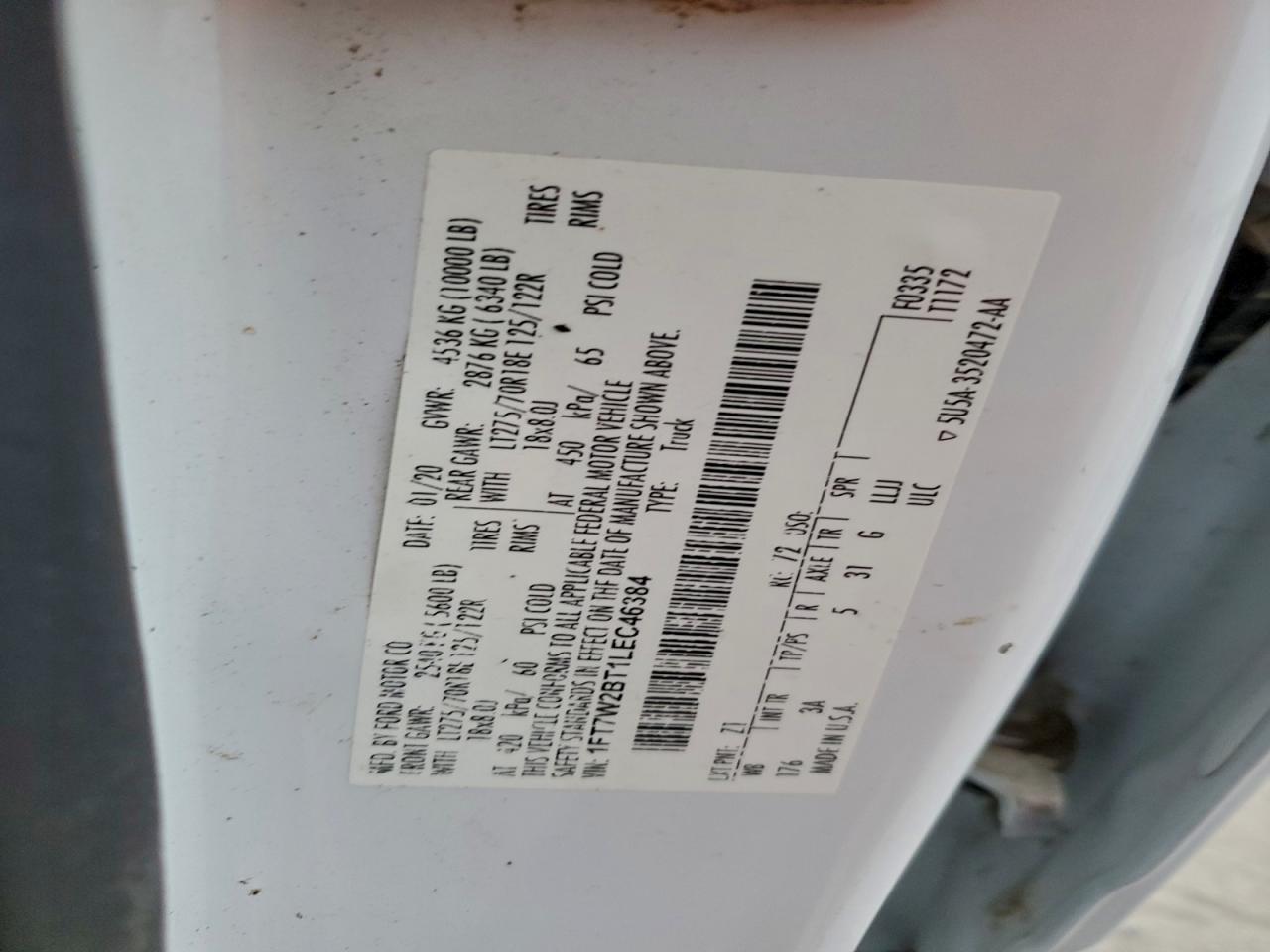 2020 Ford F250 Super Duty VIN: 1FT7W2BT1LEC46384 Lot: 93066055