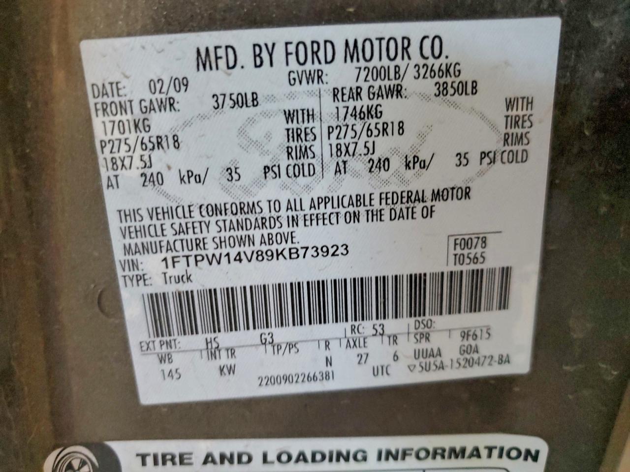 2009 Ford F150 Supercrew VIN: 1FTPW14V89KB73923 Lot: 93701965