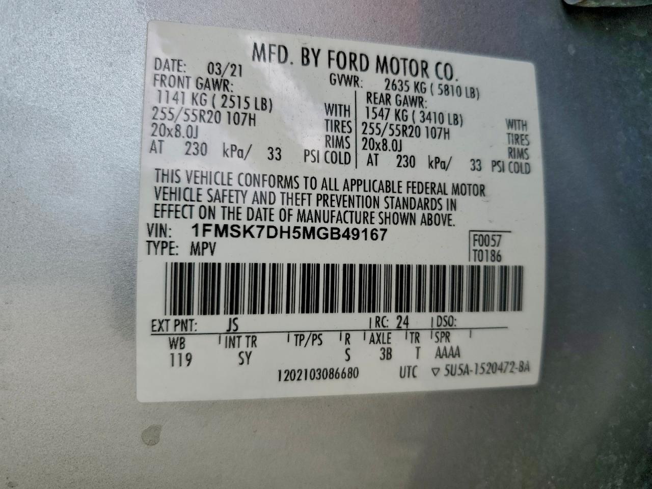 2021 Ford Explorer Xlt VIN: 1FMSK7DH5MGB49167 Lot: 94117815