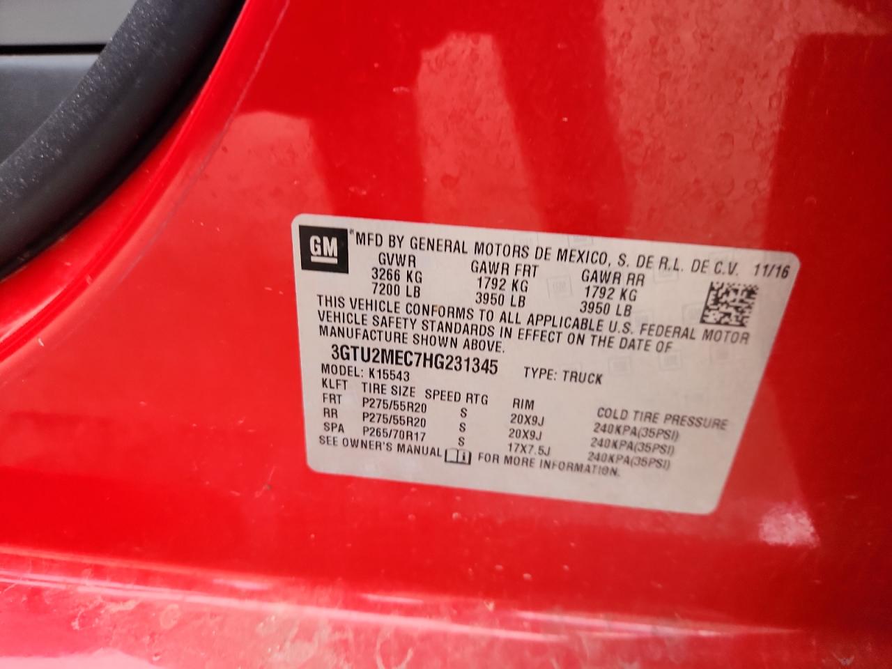 2017 GMC Sierra K1500 Sle VIN: 3GTU2MEC7HG231345 Lot: 90737925