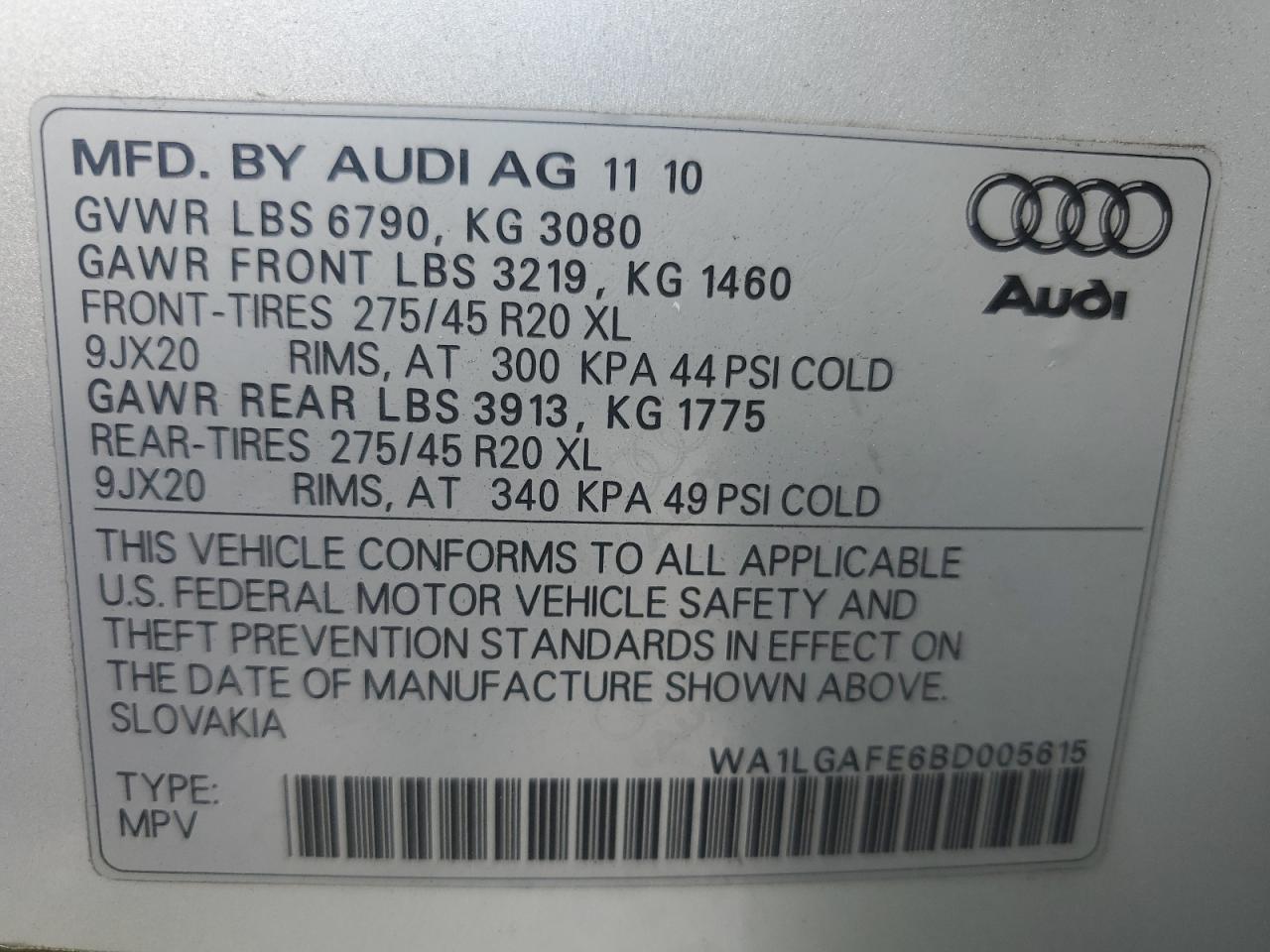 2011 Audi Q7 Premium Plus VIN: WA1LGAFE6BD005615 Lot: 93117525