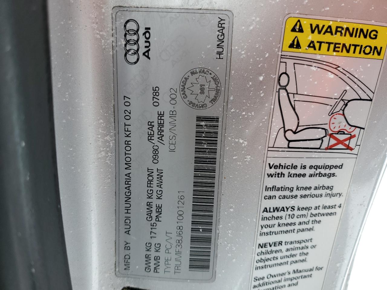 2008 Audi Tt 2.0T VIN: TRUMF38J681001261 Lot: 92119475