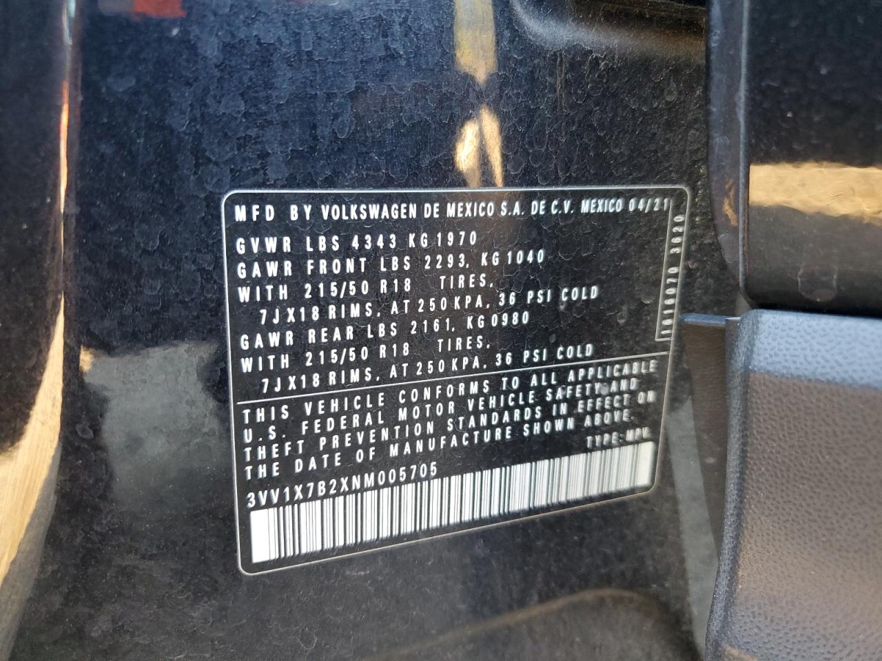 2022 Volkswagen Taos Sel VIN: 3VV1X7B2XNM005705 Lot: 91223945