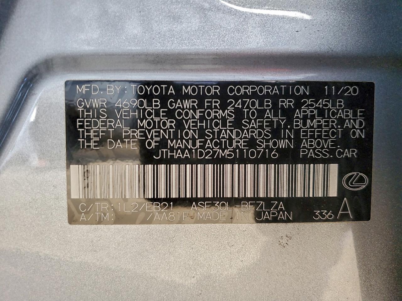 2021 Lexus Is 300 VIN: JTHAA1D27M5110716 Lot: 94002765