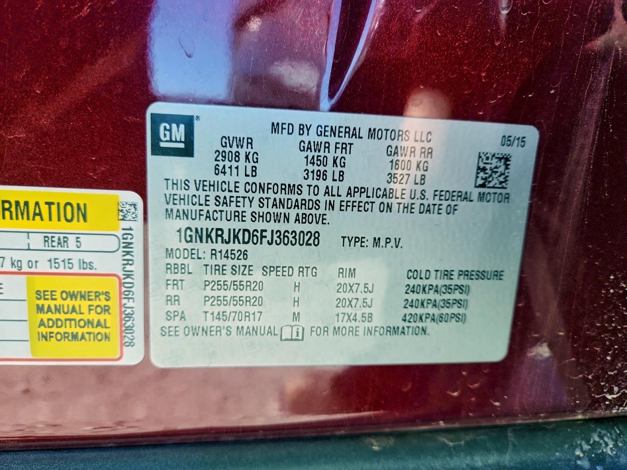 2015 Chevrolet Traverse Ltz VIN: 1GNKRJKD6FJ363028 Lot: 92751925