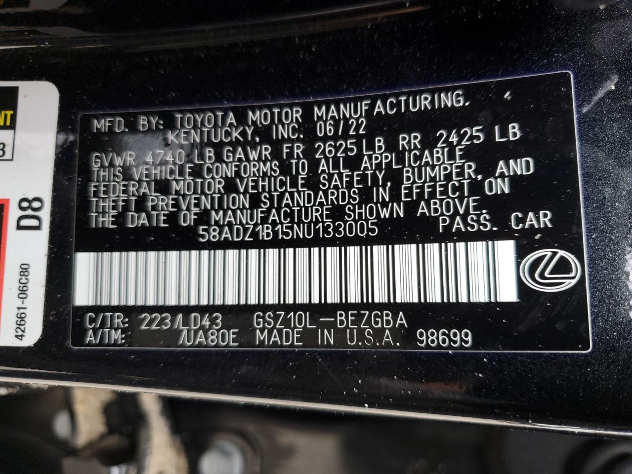 2022 Lexus Es 350 Base VIN: 58ADZ1B15NU133005 Lot: 91220935