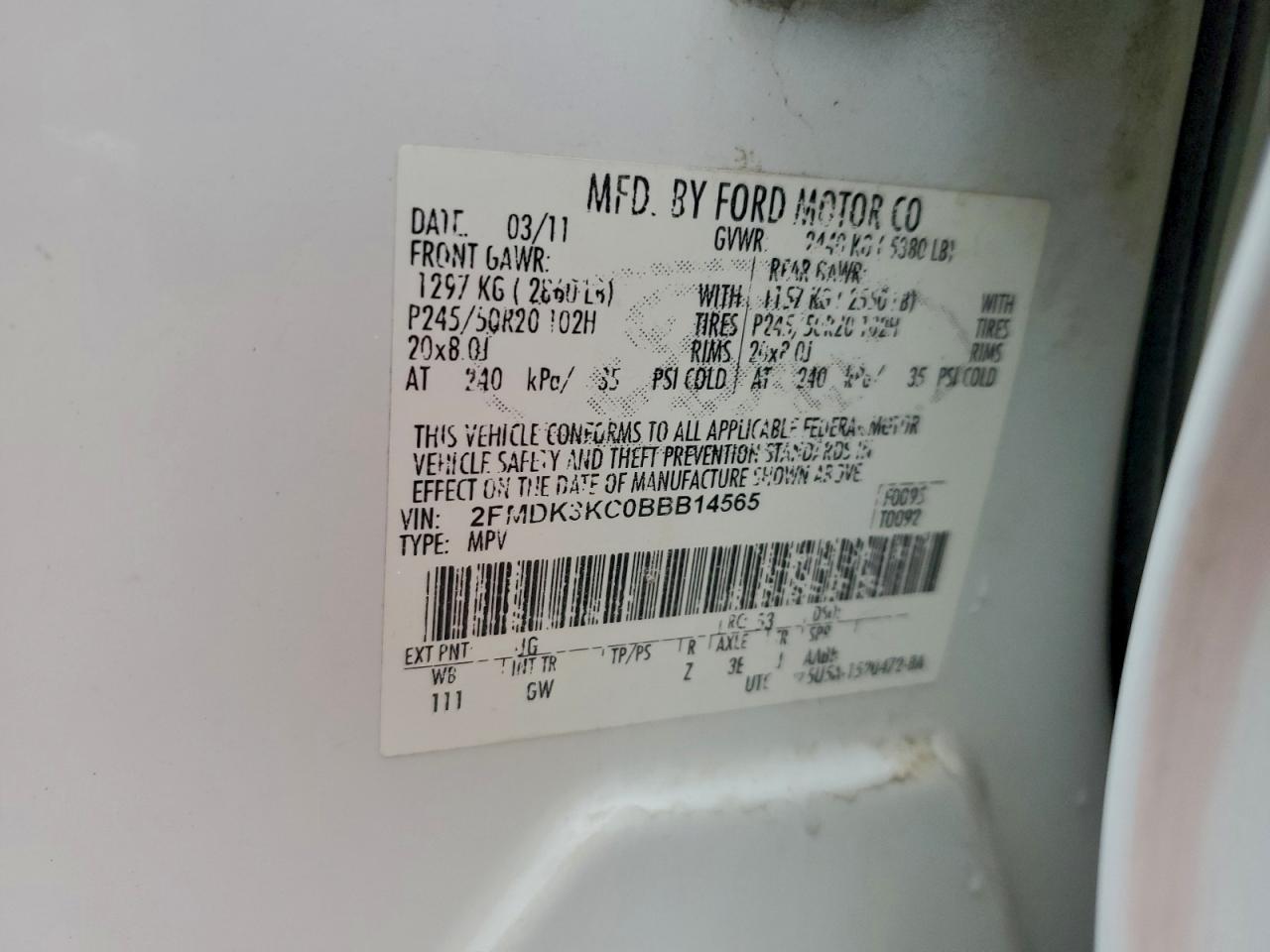 2011 Ford Edge Limited VIN: 2FMDK3KC0BBB14565 Lot: 93684765