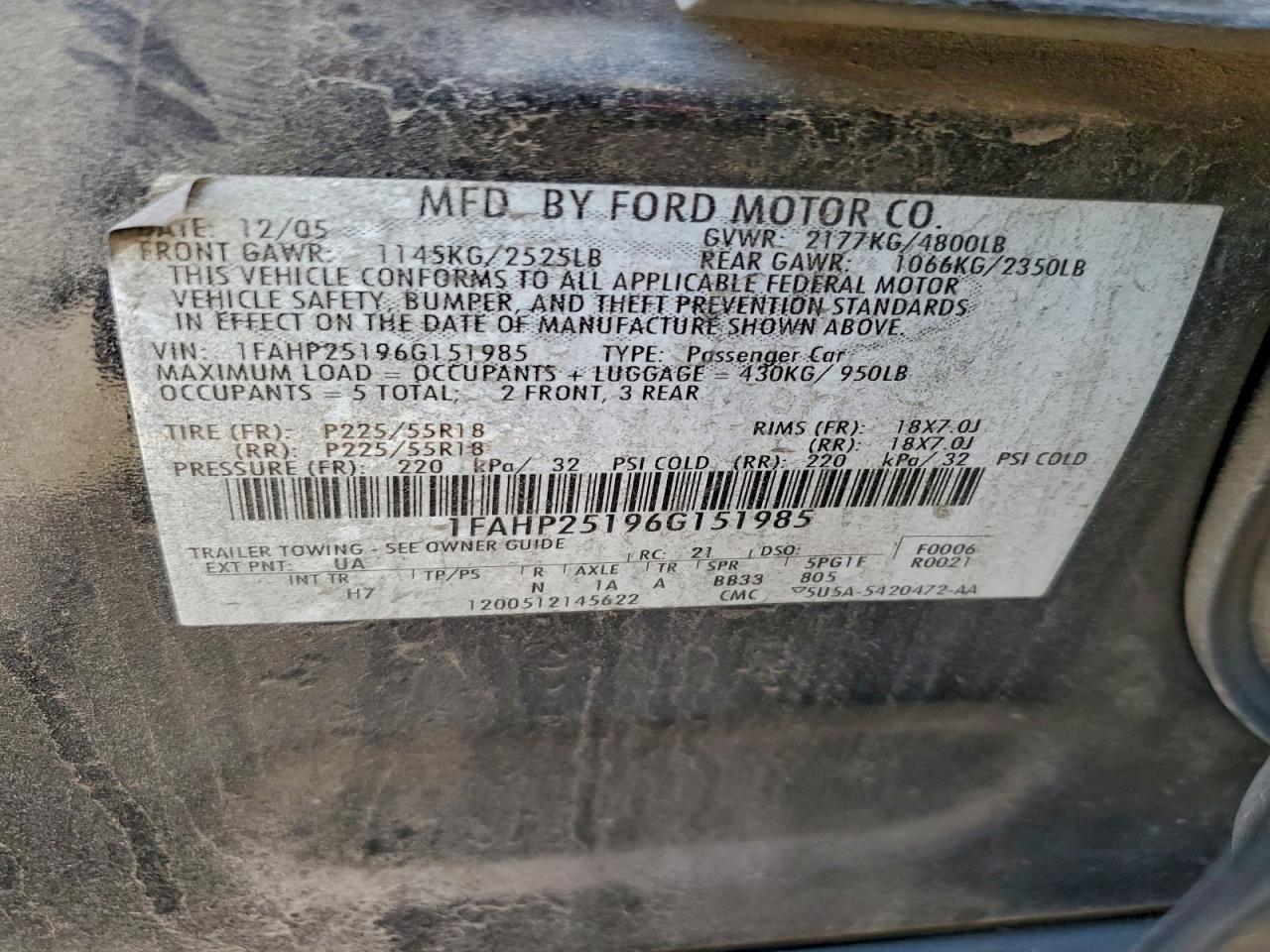 2006 Ford Five Hundred Limited VIN: 1FAHP25196G151985 Lot: 94167705