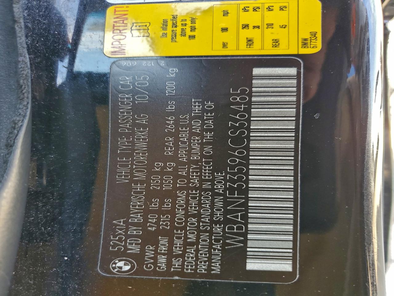 2006 BMW 525 Xi VIN: WBANF33596CS36485 Lot: 92061325