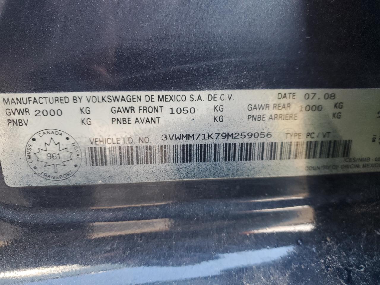2009 Volkswagen Jetta S VIN: 3VWMM71K79M259056 Lot: 90795645