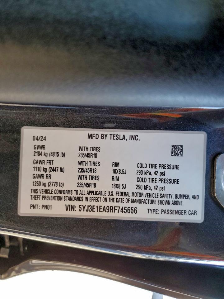 2024 Tesla Model 3 VIN: 5YJ3E1EA9RF745656 Lot: 94419195