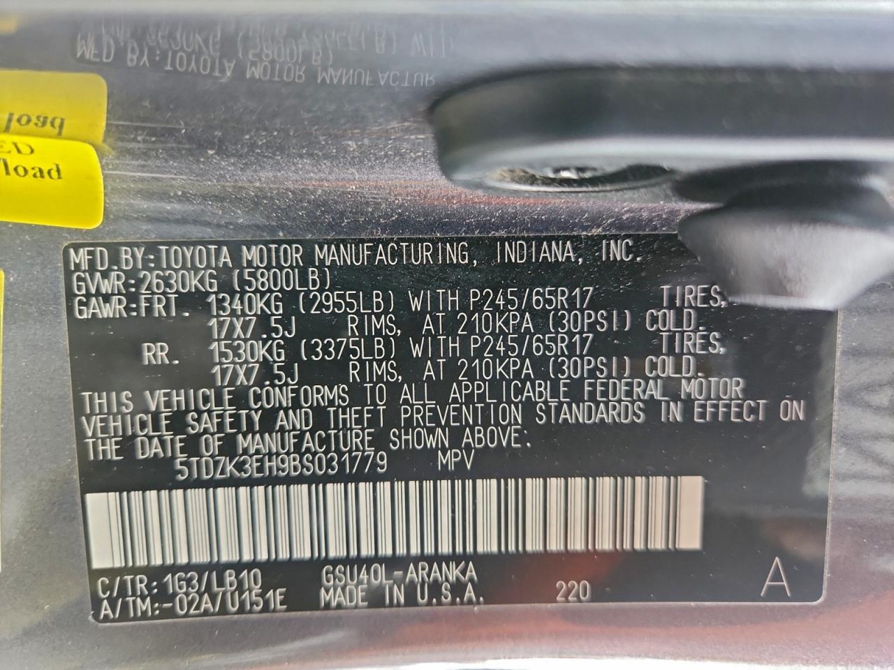 2011 Toyota Highlander Base VIN: 5TDZK3EH9BS031779 Lot: 93479275