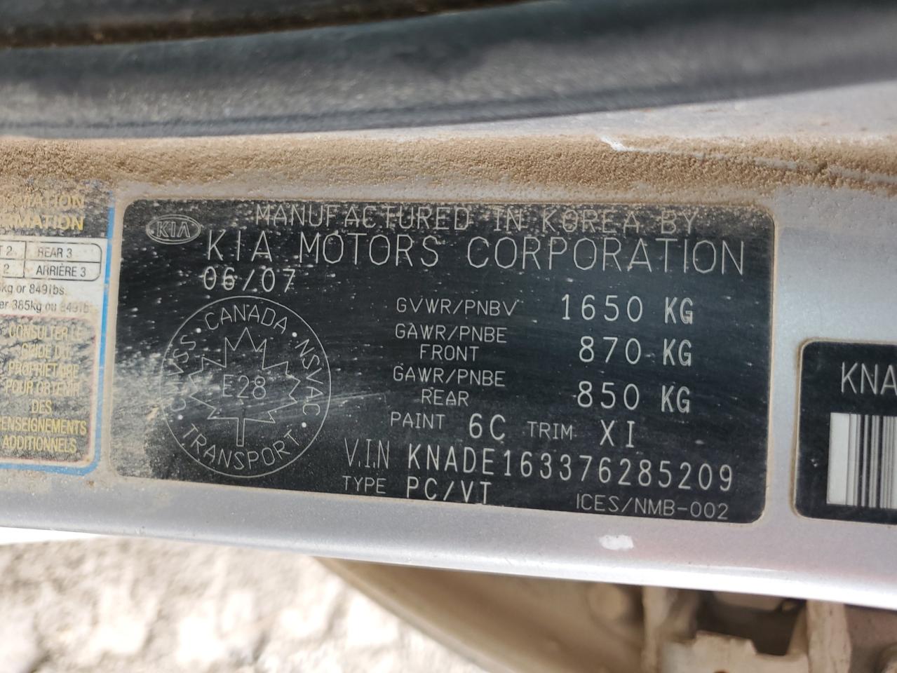 2007 Kia Rio 5 Sx VIN: KNADE163376285209 Lot: 93830075