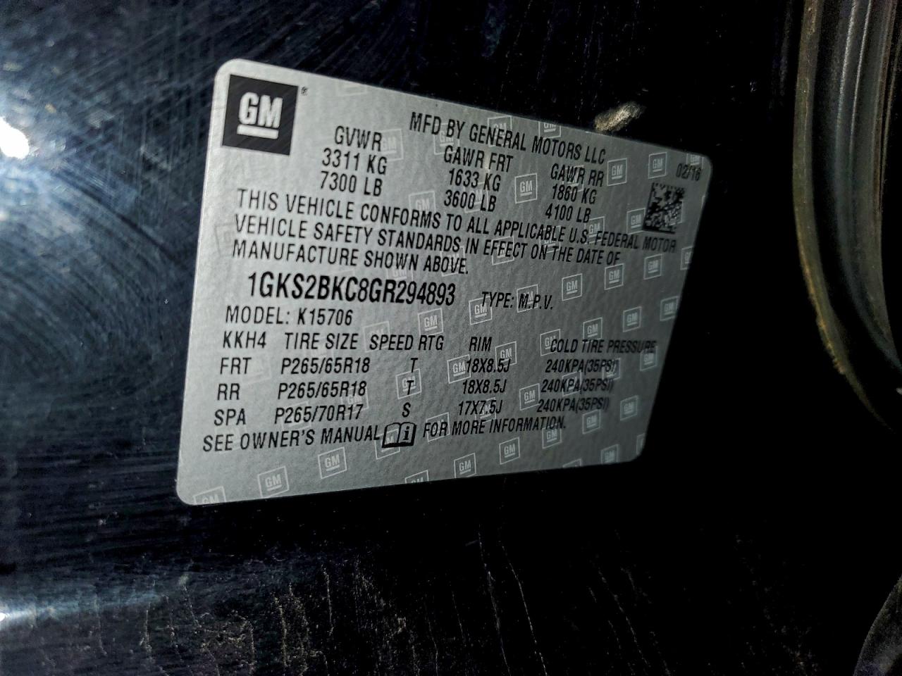 2016 GMC Yukon Slt VIN: 1GKS2BKC8GR294893 Lot: 93084185