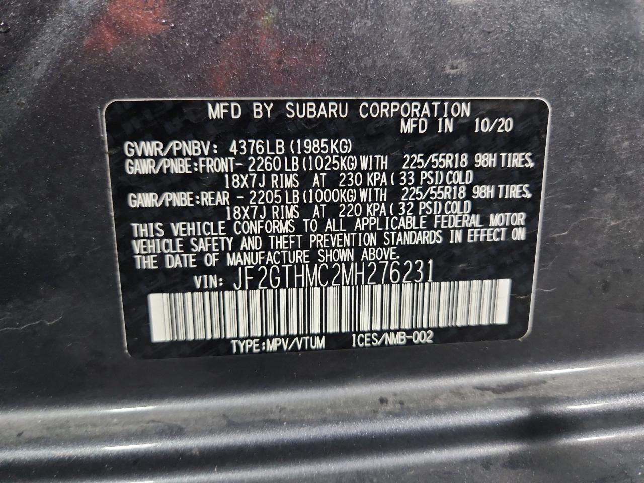 2021 Subaru Crosstrek Limited VIN: JF2GTHMC2MH276231 Lot: 93114975