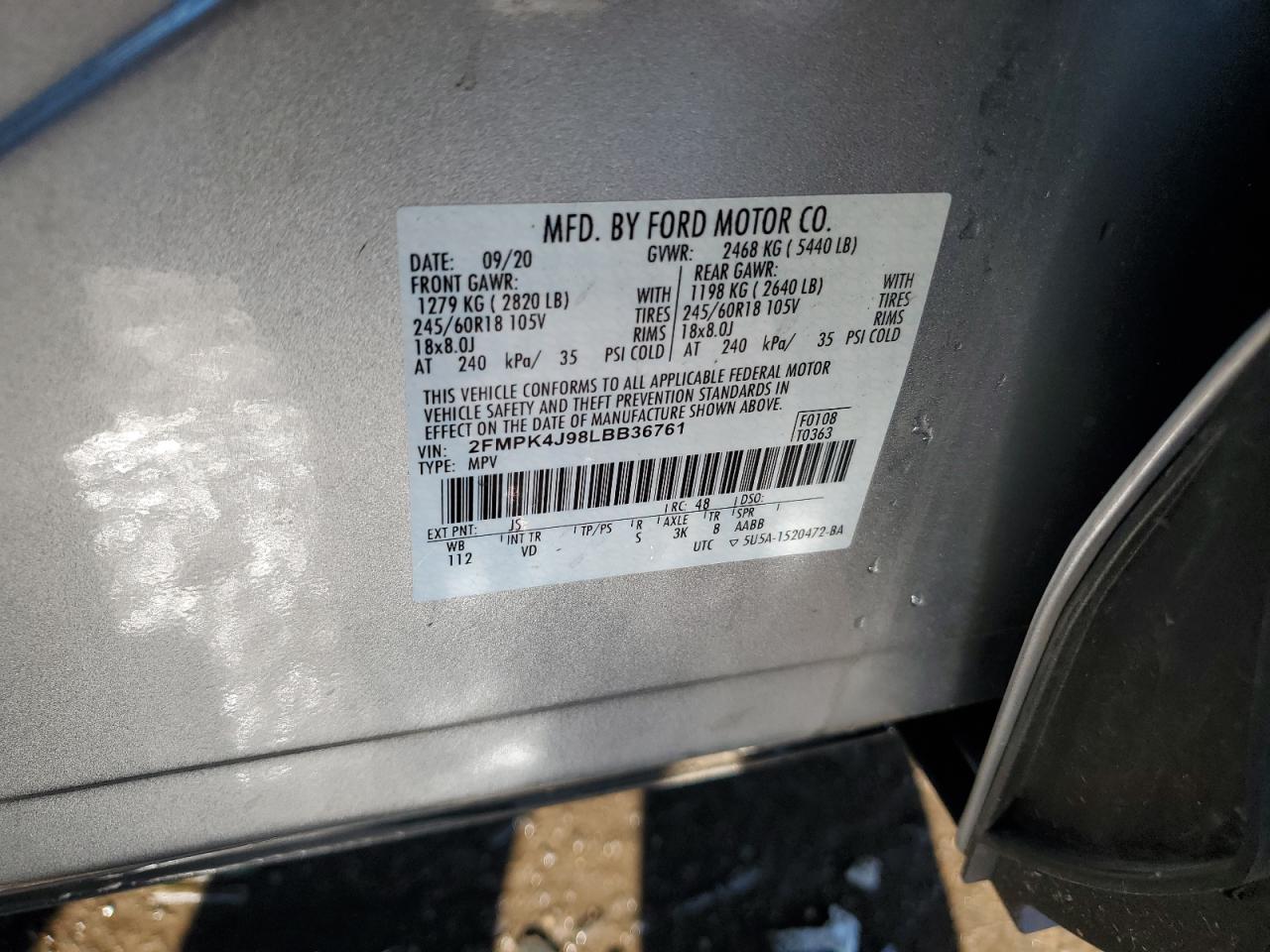 2020 Ford Edge Sel VIN: 2FMPK4J98LBB36761 Lot: 91841435