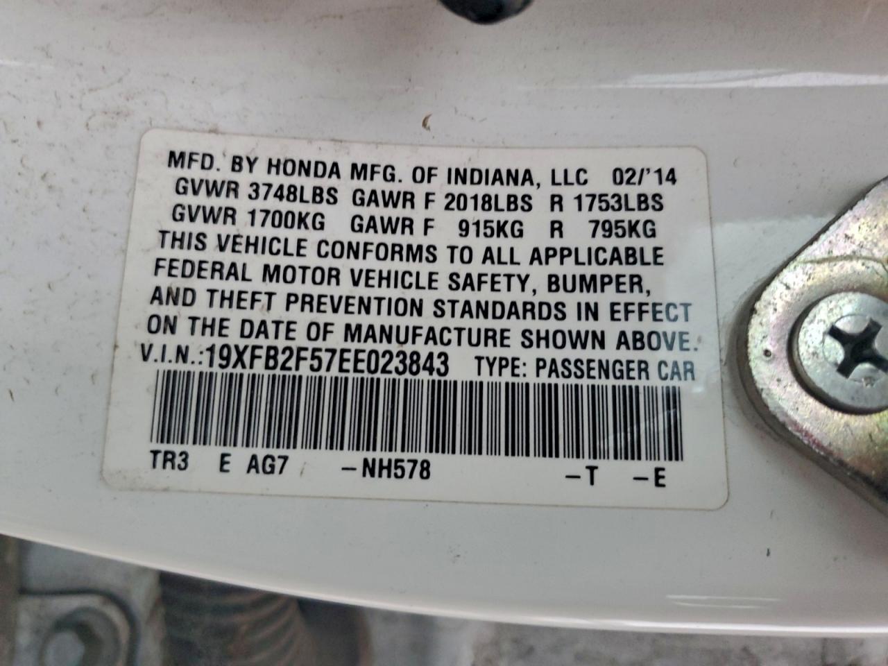 2014 Honda Civic Lx VIN: 19XFB2F57EE023843 Lot: 94367895