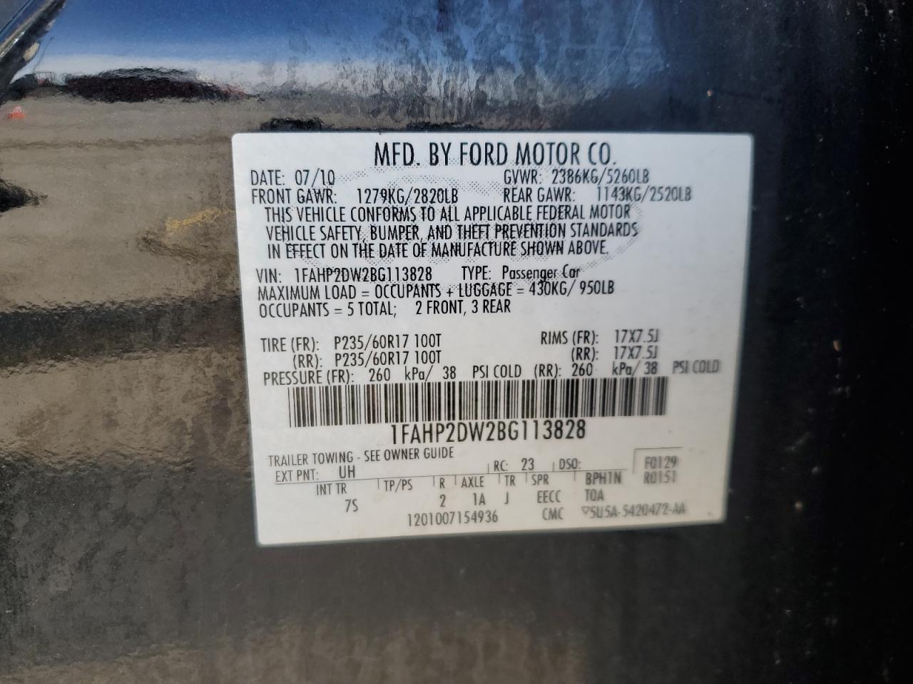 2011 Ford Taurus Se VIN: 1FAHP2DW2BG113828 Lot: 92022635