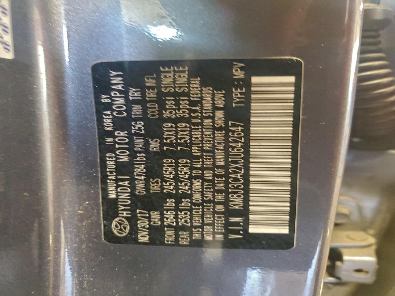 2018 Hyundai Tucson Value VIN: KM8J3CA2XJU642647 Lot: 94573395