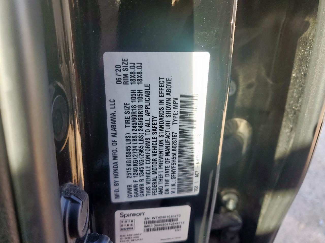 2020 Honda Pilot Exl VIN: 5FNYF5H55LB028767 Lot: 91388325