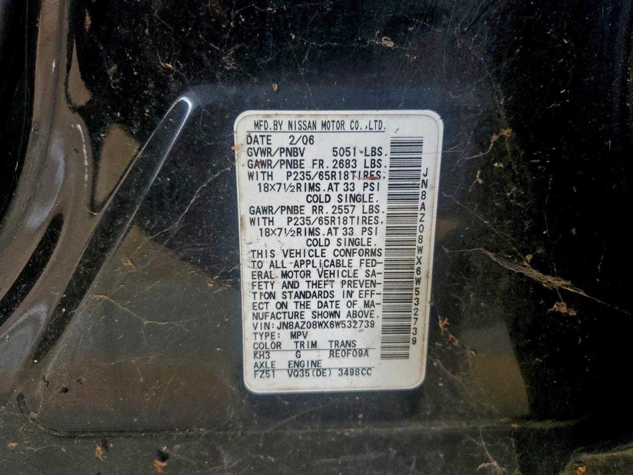 2006 Nissan Murano Sl VIN: JN8AZ08WX6W532739 Lot: 92645595