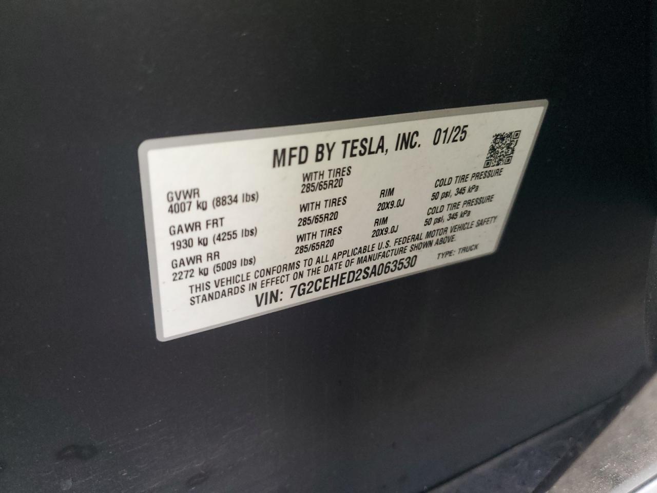 2025 Tesla Cybertruck VIN: 7G2CEHED2SA063530 Lot: 93074615