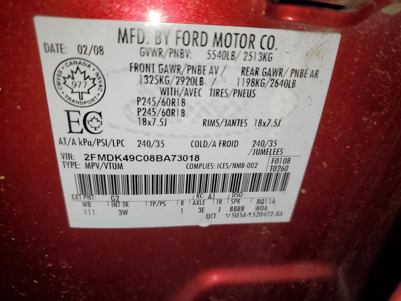 2008 Ford Edge Limited VIN: 2FMDK49C08BA73018 Lot: 91791435