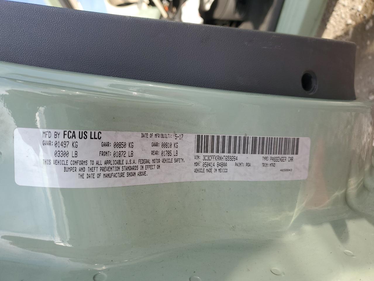 2017 Fiat 500 Pop VIN: 3C3CFFKRXHT659264 Lot: 93031235