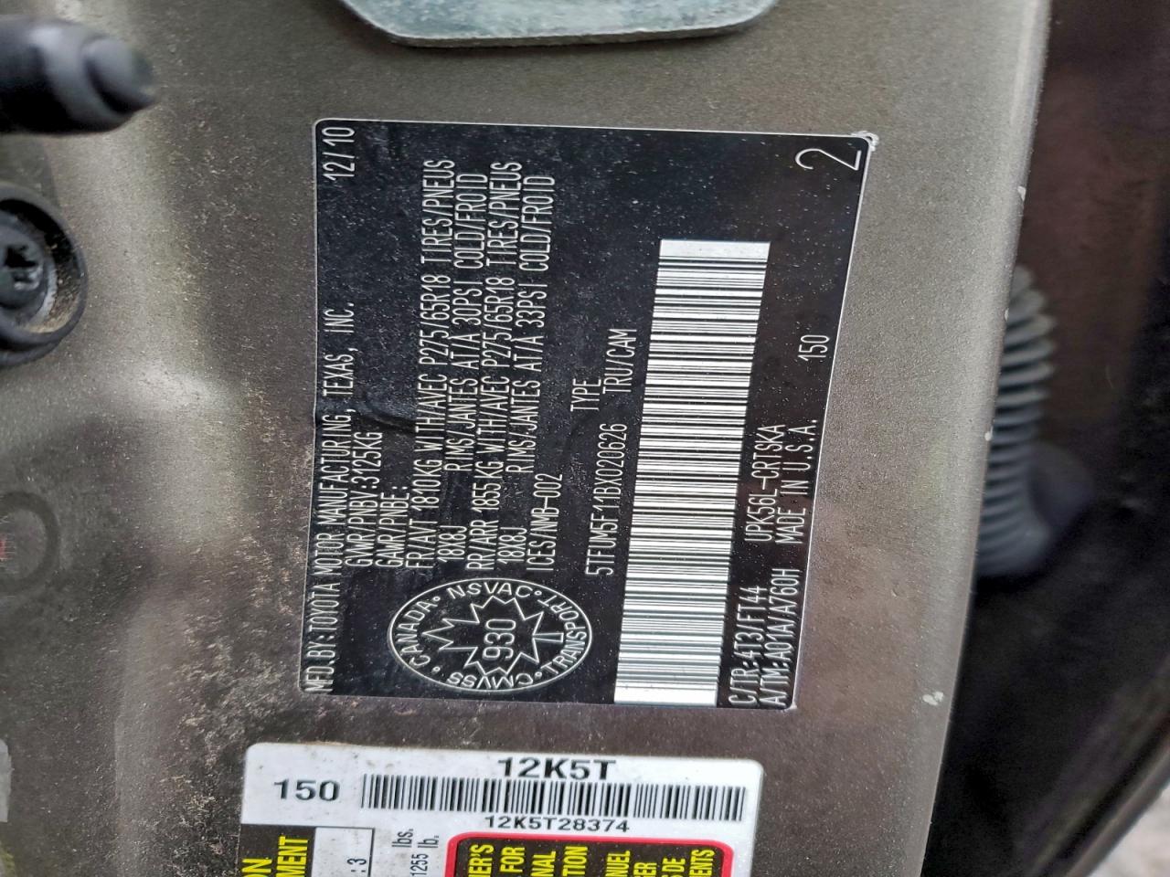 2011 Toyota Tundra Double Cab Sr5 VIN: 5TFUM5F11BX020626 Lot: 93908825