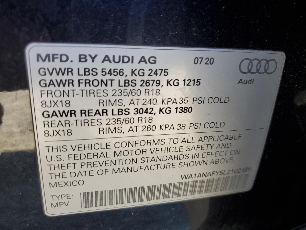2020 Audi Q5 Premium VIN: WA1ANAFY5L2102485 Lot: 91451015