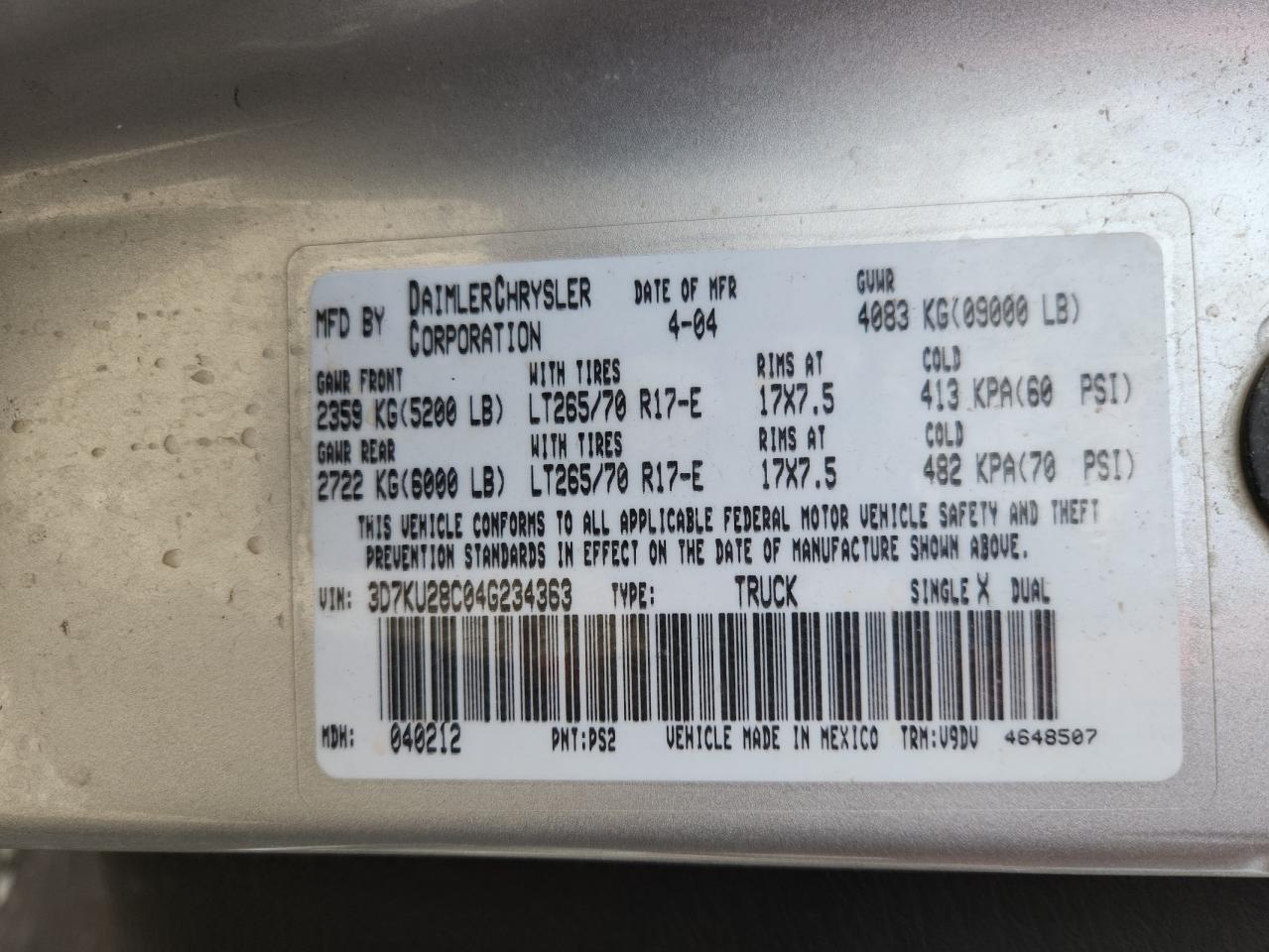 2004 Dodge Ram 2500 St VIN: 3D7KU28C04G234363 Lot: 93100855