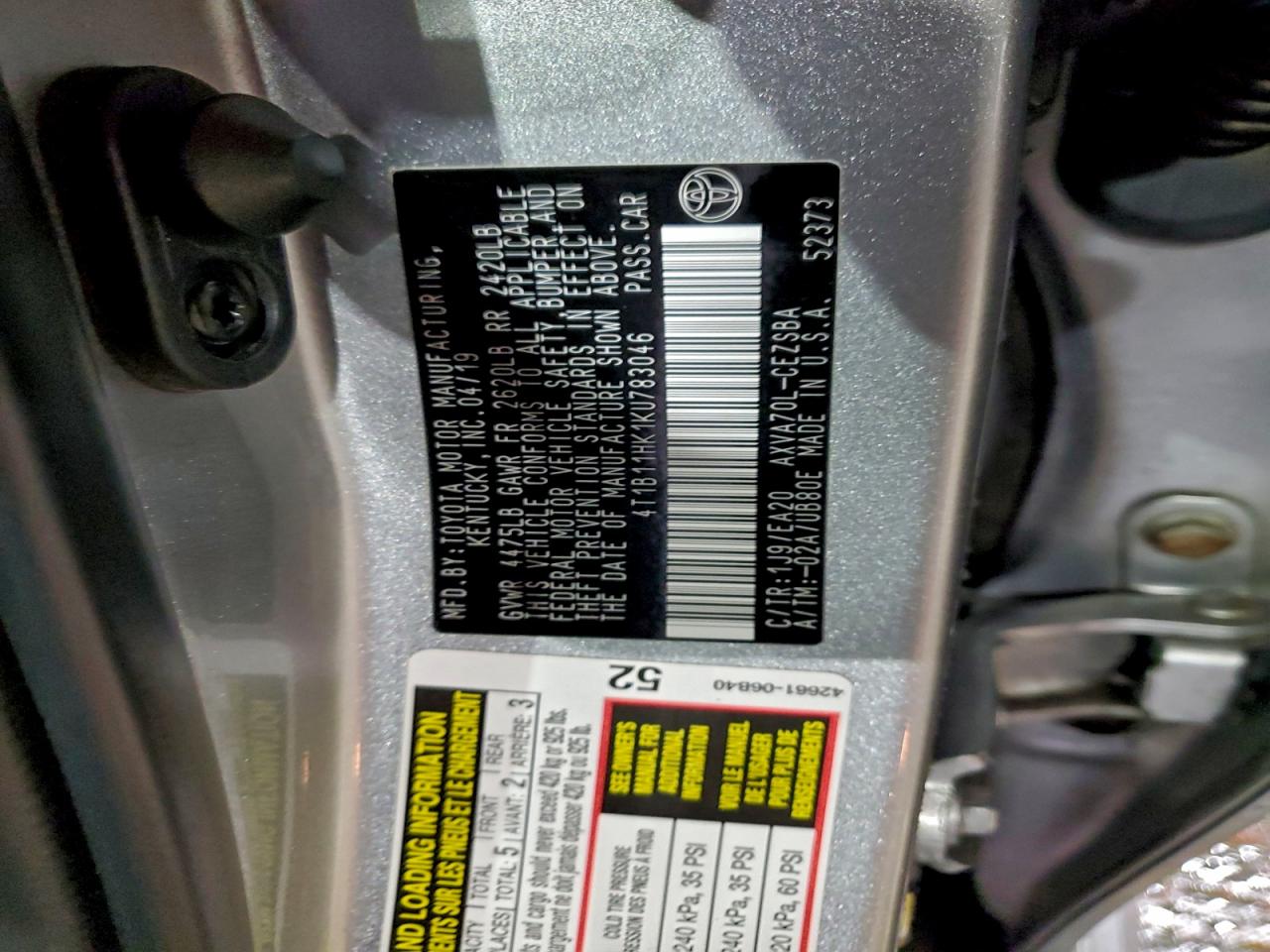 2019 Toyota Camry L VIN: 4T1B11HK1KU783046 Lot: 94492485