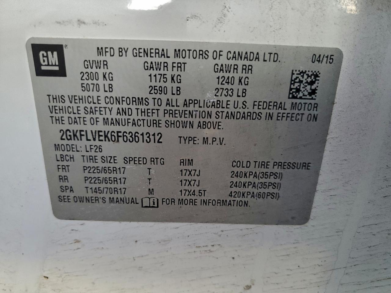 2015 GMC Terrain Sle VIN: 2GKFLVEK6F6361312 Lot: 93611125