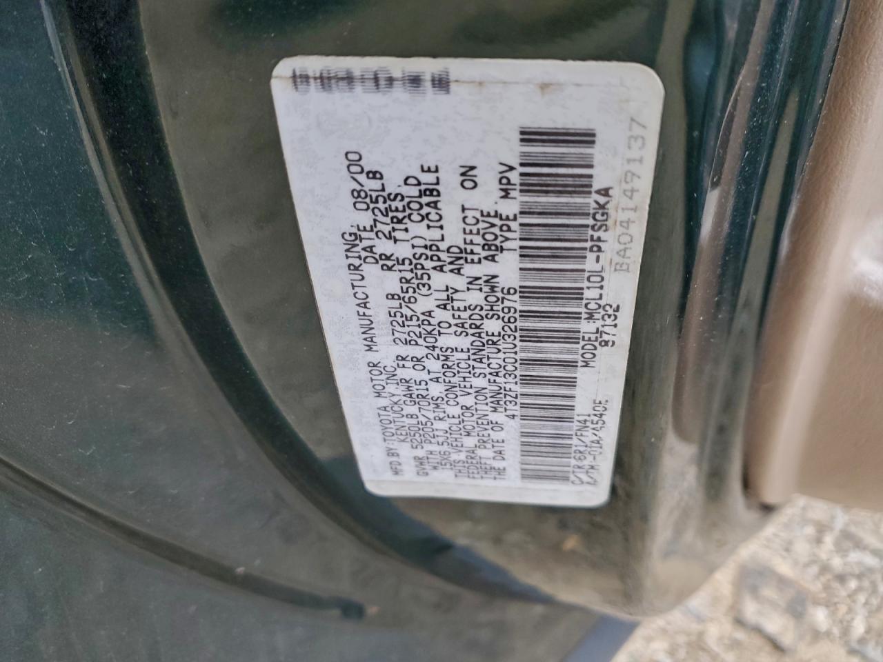 2001 Toyota Sienna Le VIN: 4T3ZF13C01U326976 Lot: 93653305